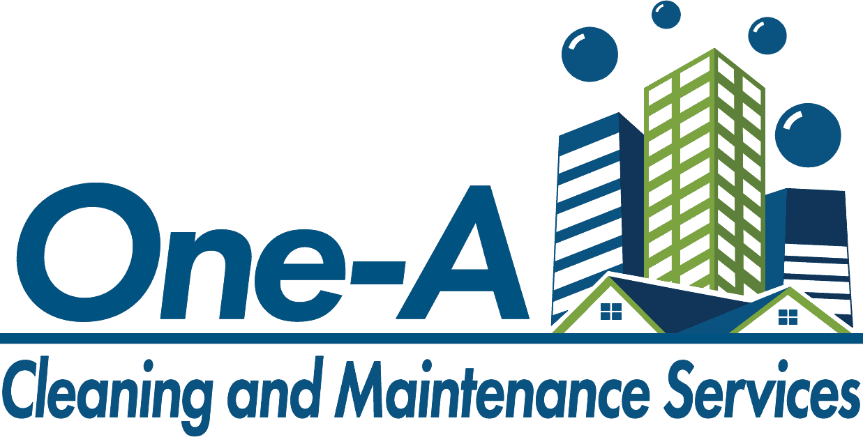 Logo for "One-A Cleaning and Maintenance Services," featuring stylized buildings and rooftops with bubbles rising above, all in blue and green.
