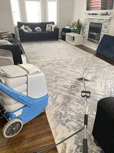 A living room with a large gray patterned rug is being cleaned by professional cleaning services. A carpet cleaning machine with a blue base and attached hose stands in the foreground, surrounded by dark sofas, a fireplace, and several throw pillows. Natural light streams through the windows.
