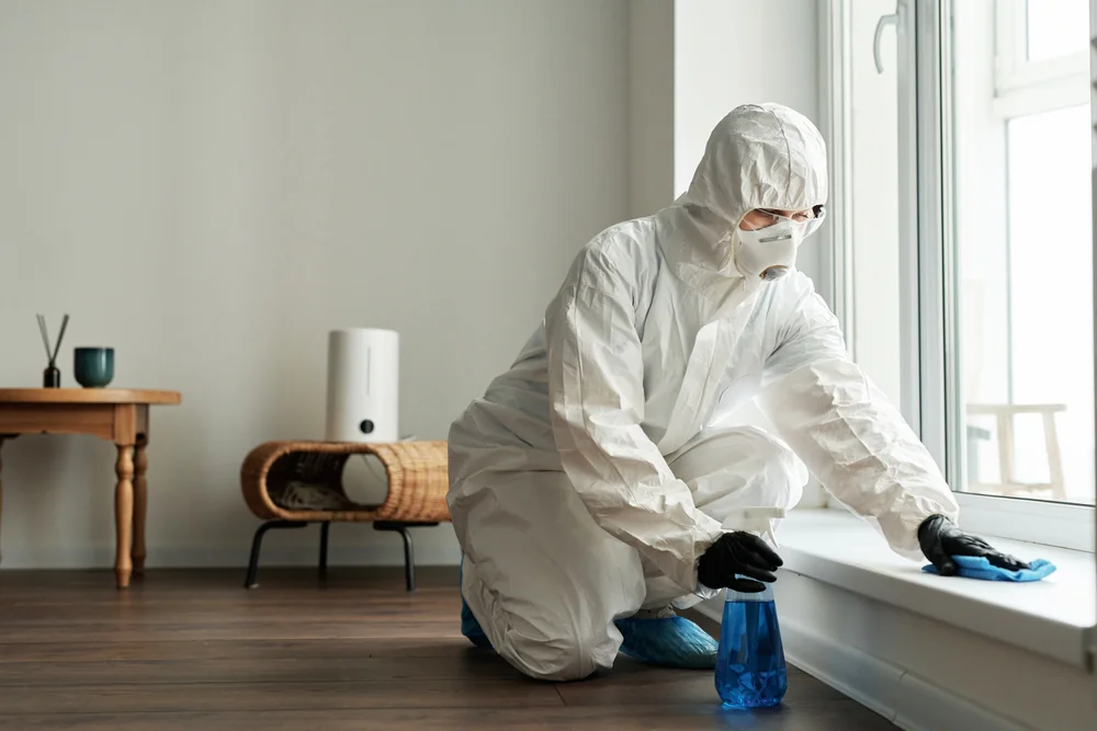 A person wearing a white hazmat suit, gloves, mask, and shoe covers uses a spray bottle and cloth to clean a windowsill in a modern, tidy room with wooden furniture.